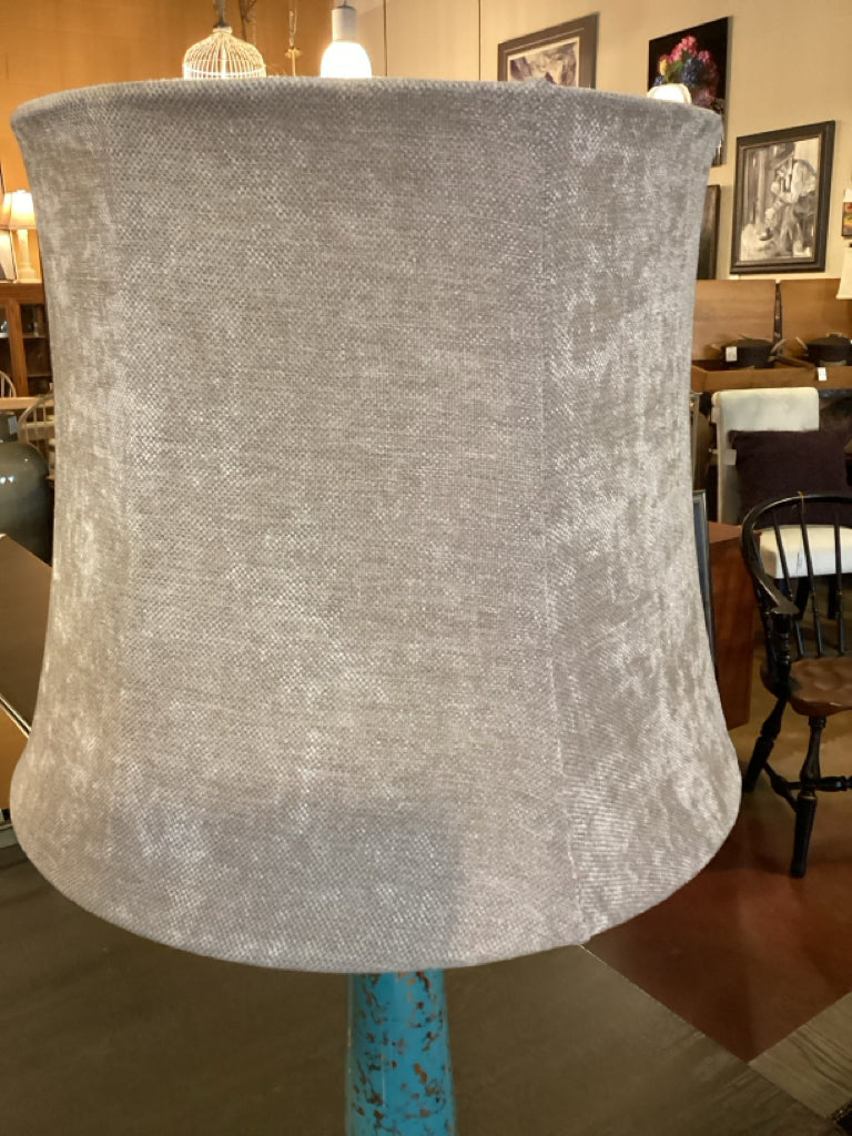 Distressed Turquoise Column Lamp with Crushed Velvet Shade