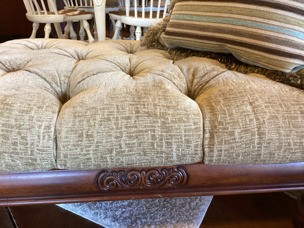 Ottoman|Elegant|Tufted Upholstered|Carved wood apron, turned legs, casters