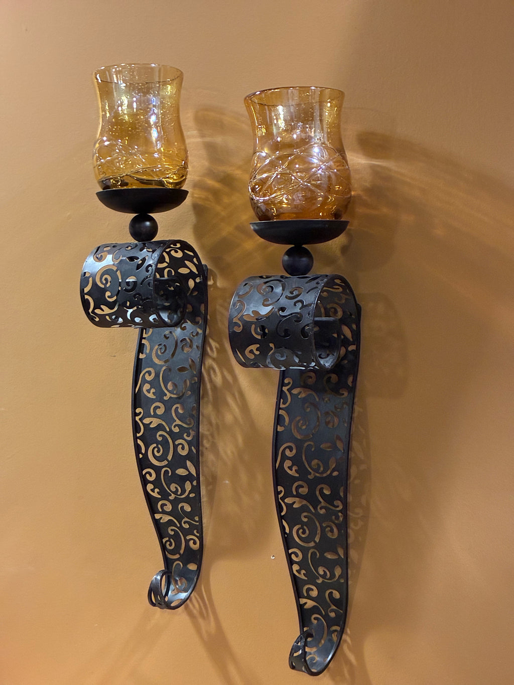 Ornate Metal & Amber Glass Wall Sconces — PAIR