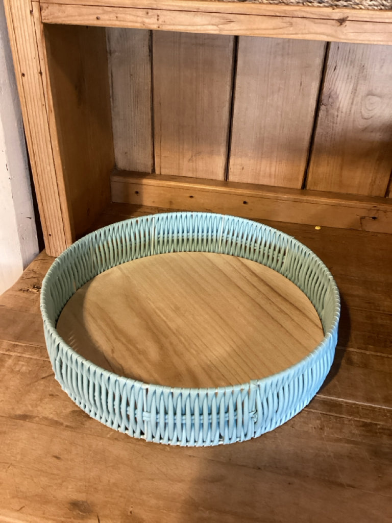 Tray|Teal Woven 13" Round Decorative Tray with Wood Base