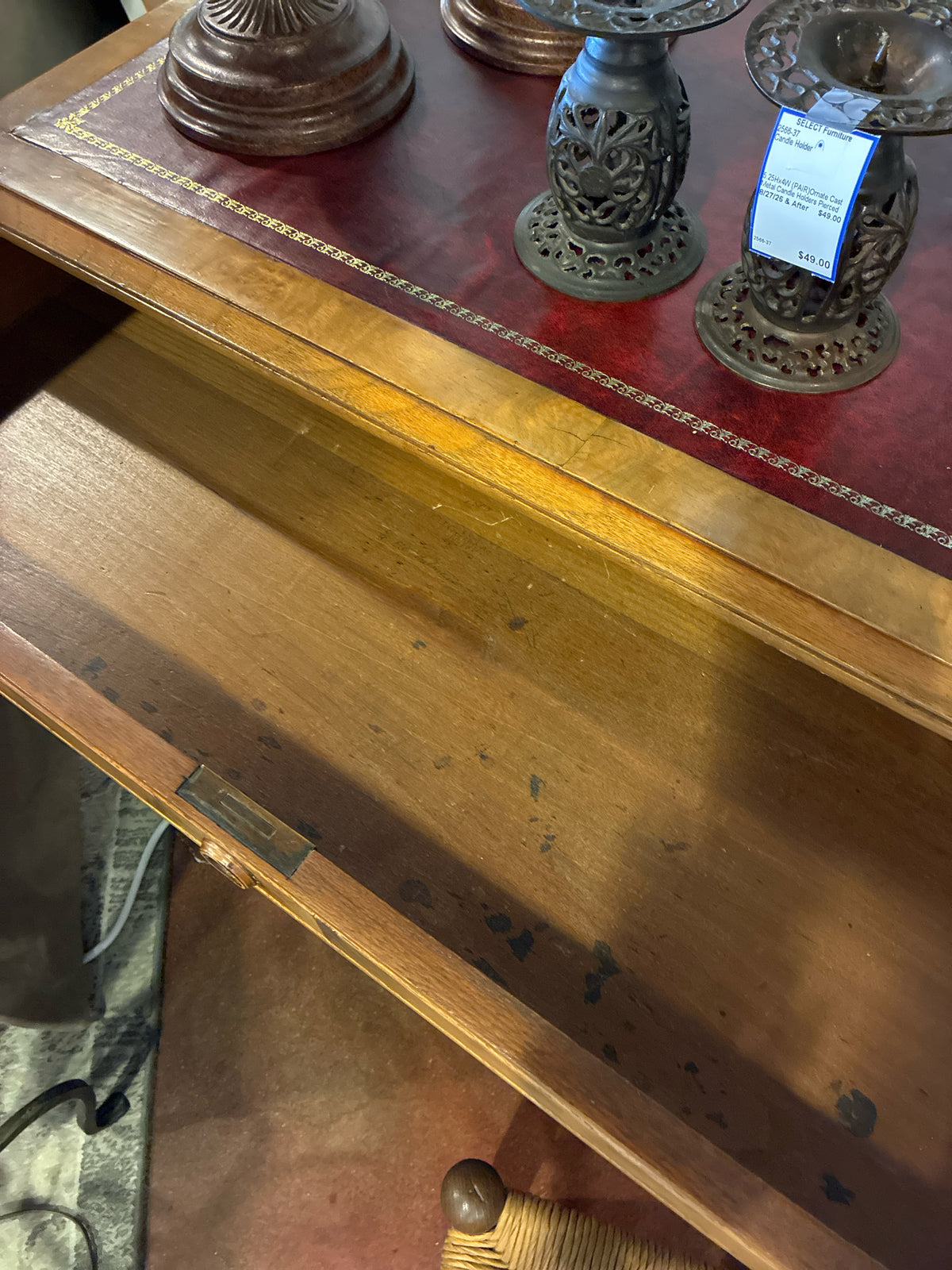 Victorian-Style Walnut Writing Desk|Burgundy Leather Writing Surface
