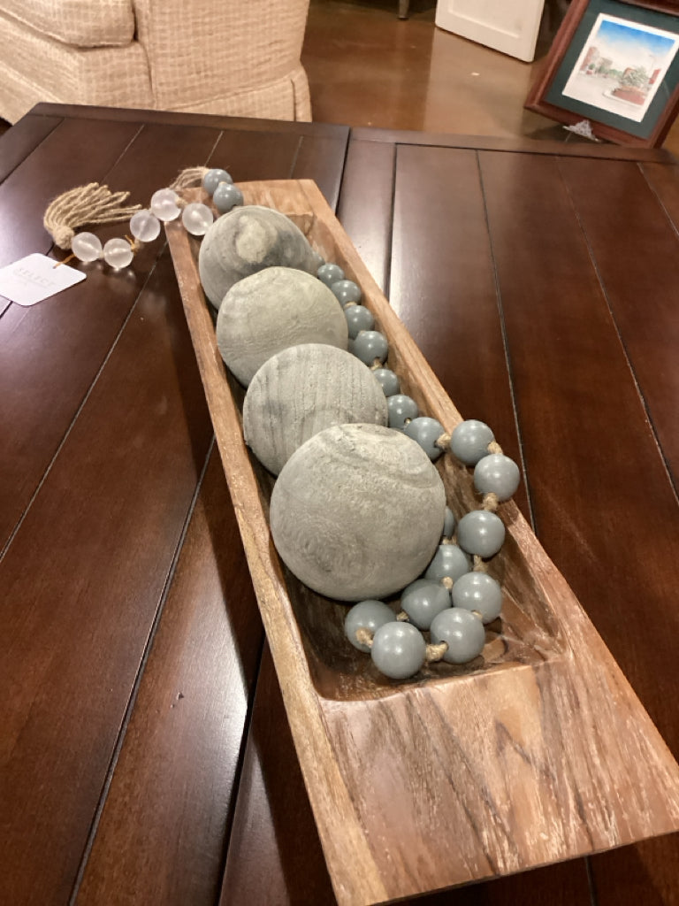 Frenh Country Wooden Trough Tray with Decorative Orbs & Beads