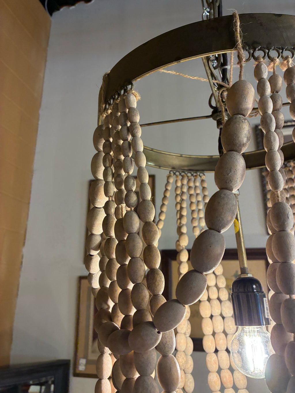 Draped Natural Wood Bead Chandelier