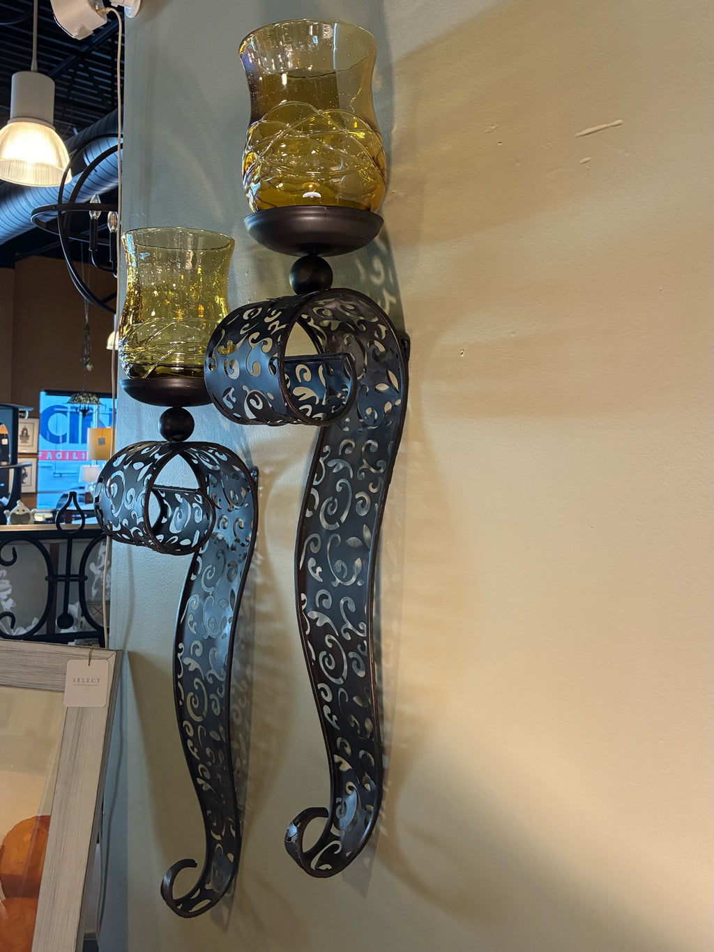 Ornate Metal & Amber Glass Wall Sconces — PAIR