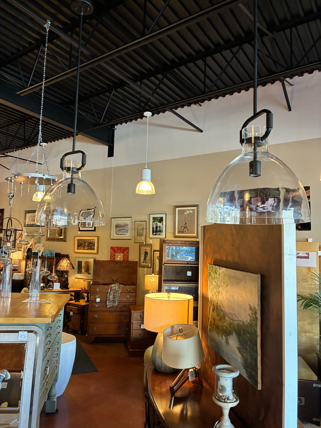 Large Clear Glass Dome Pendant Lights - Pair