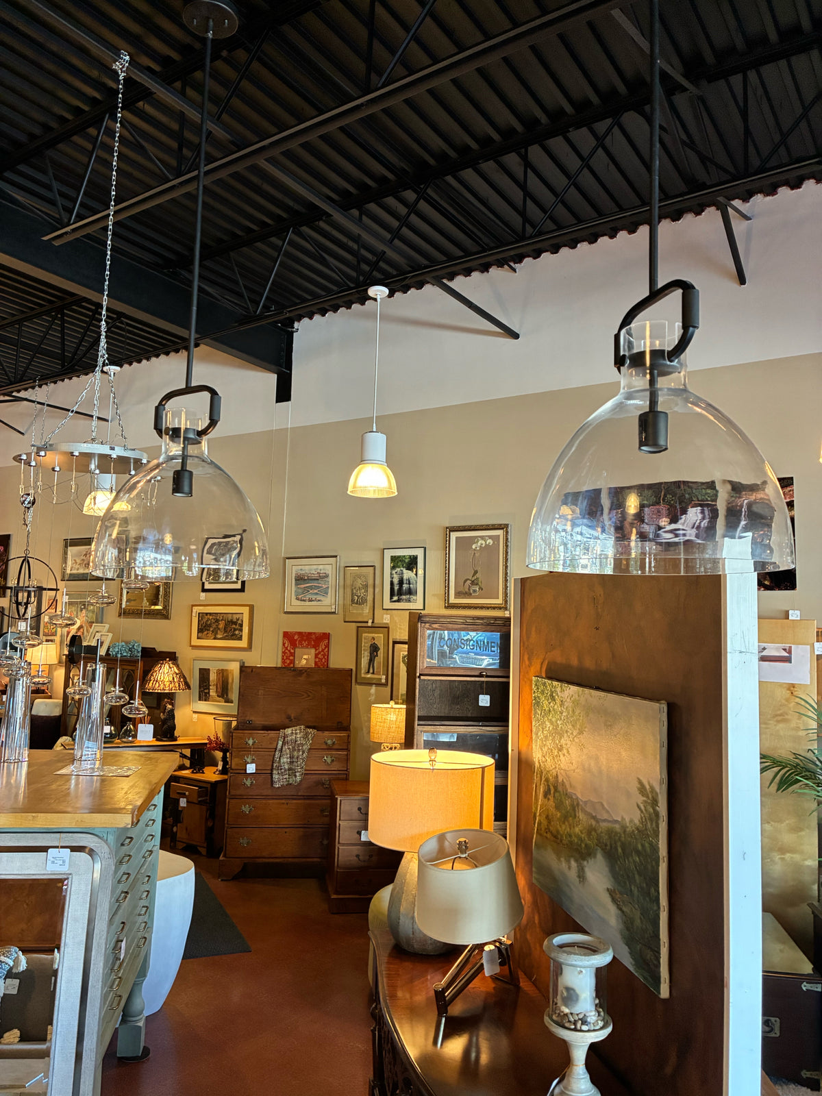 Large Clear Glass Dome Pendant Lights - Pair