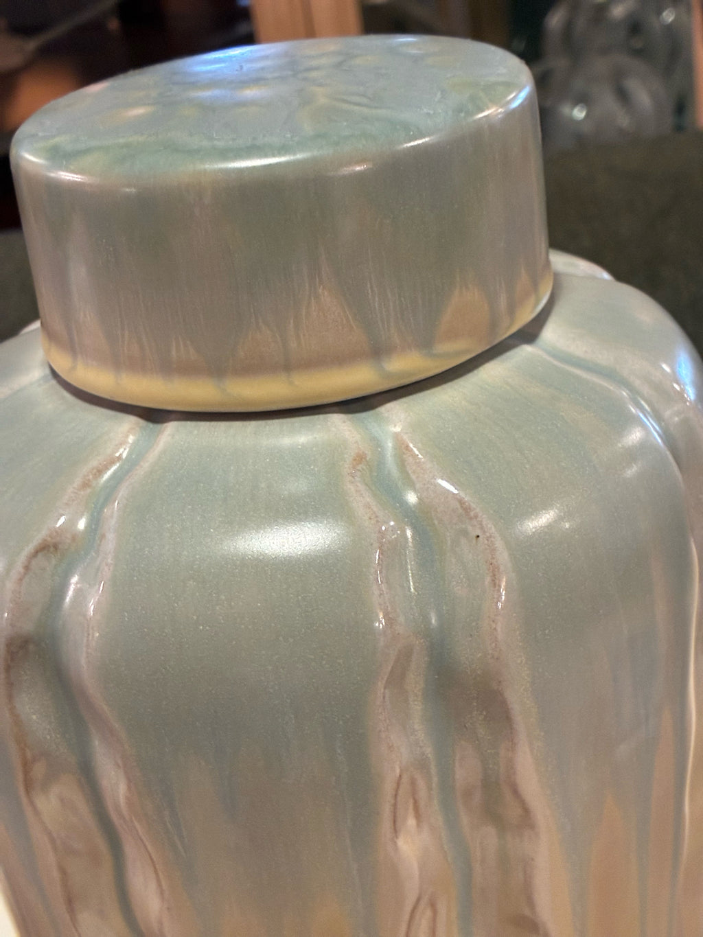 Tall Celadon Reactive Glaze Lidded Jar