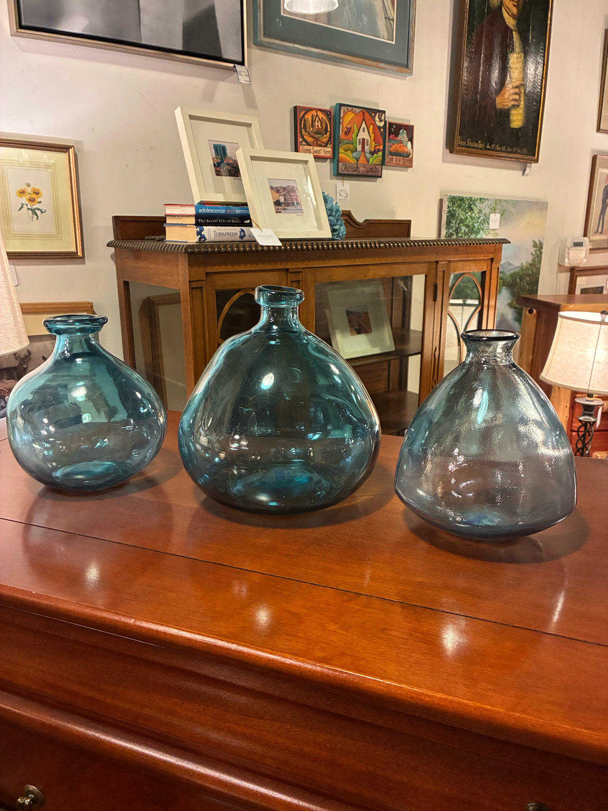 SET OF 3 Aqua Recycled Glass Demijohn Vases