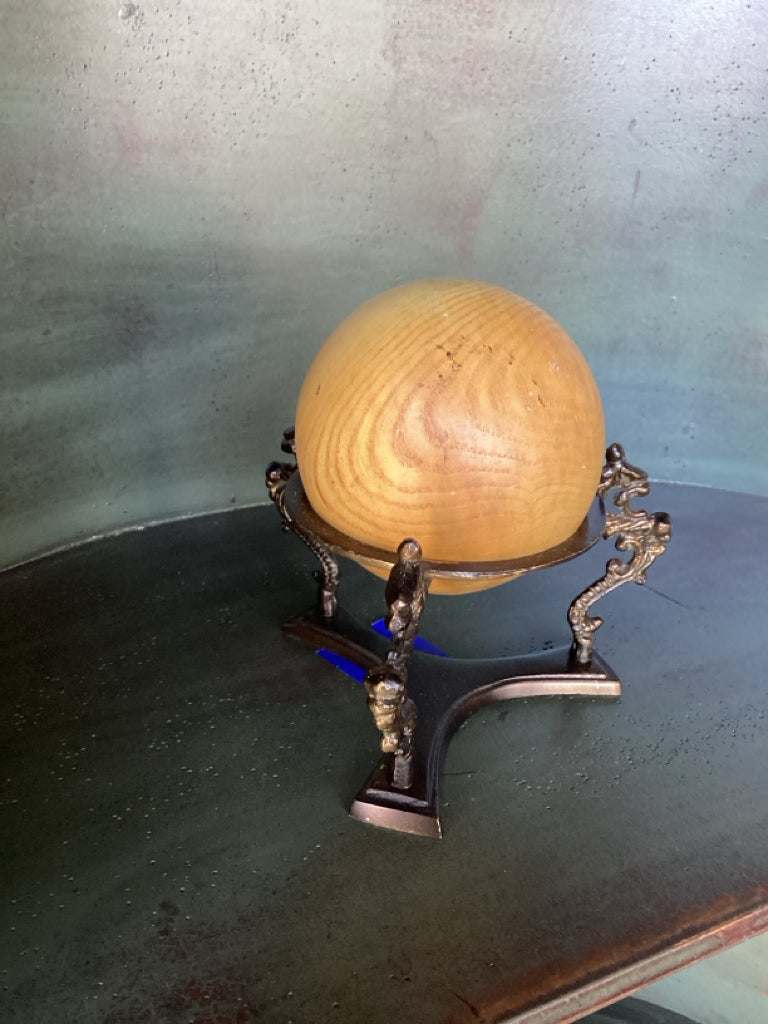 Ornament|Wood Sphere on Ornate Metal Stand