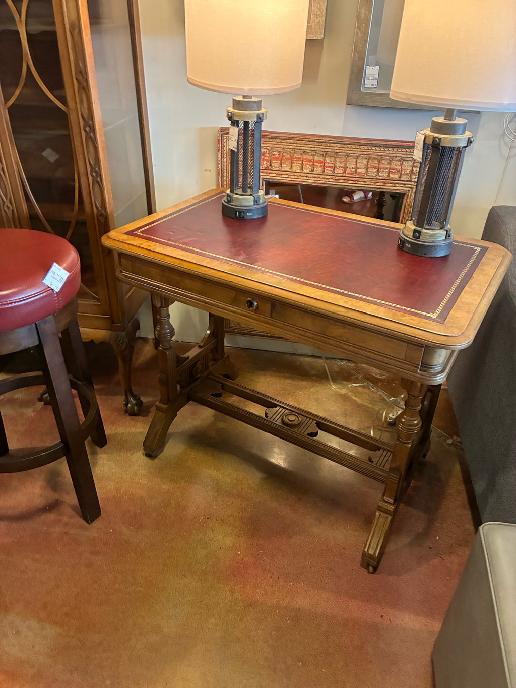 Victorian-Style Walnut Writing Desk|Burgundy Leather Writing Surface