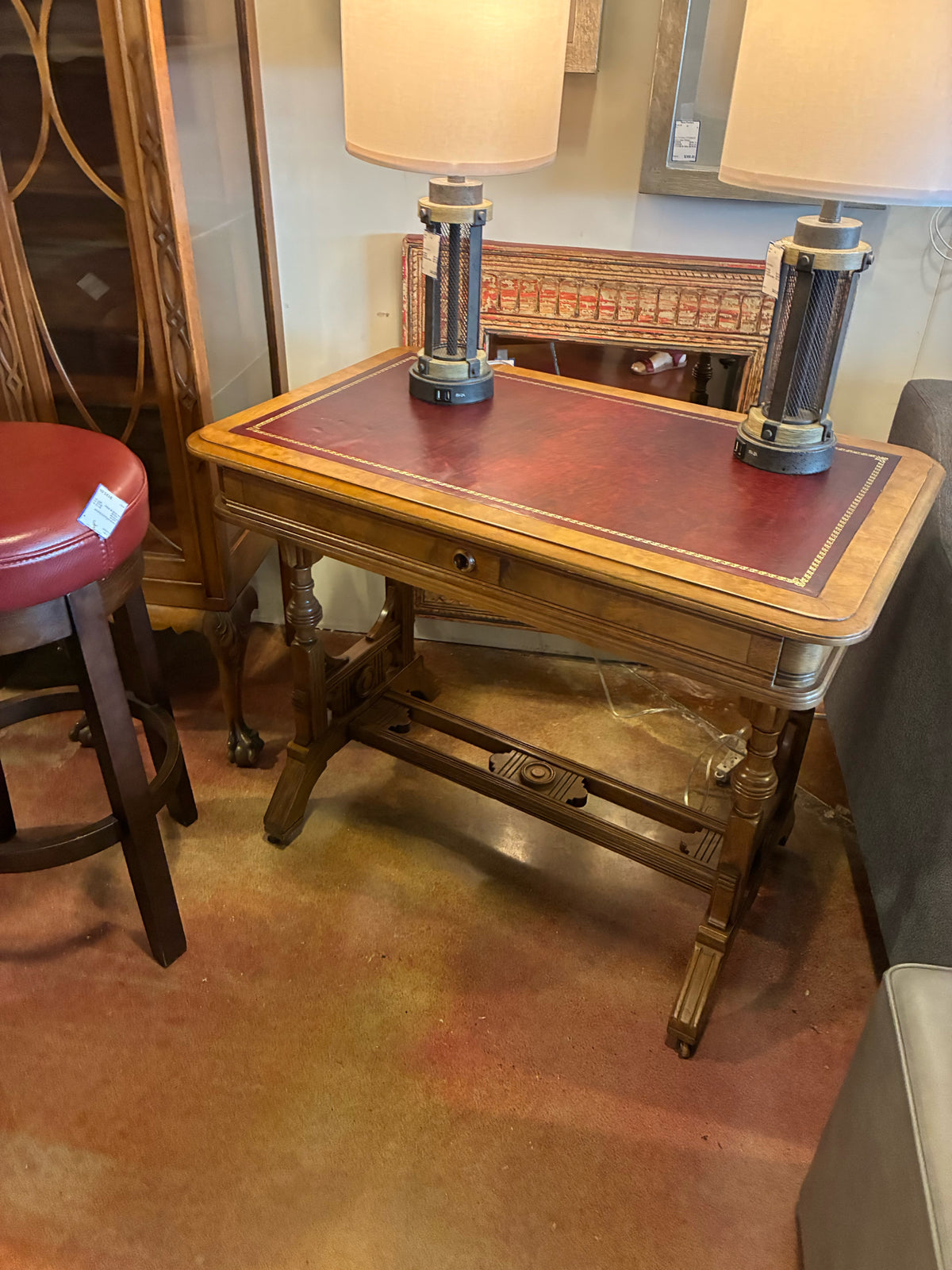Victorian-Style Walnut Writing Desk|Burgundy Leather Writing Surface