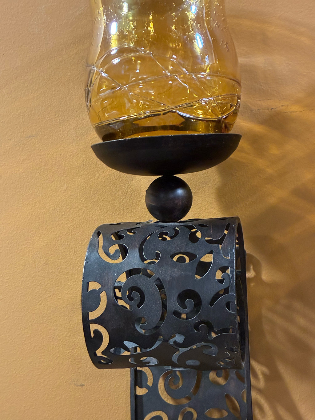 Ornate Metal & Amber Glass Wall Sconces — PAIR