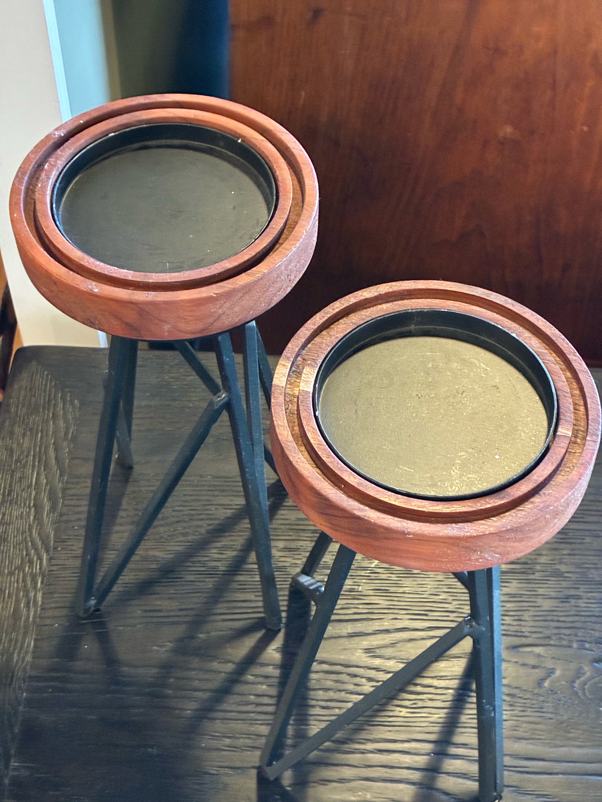 Wood & Black Metal Candle Holders—SET OF 2