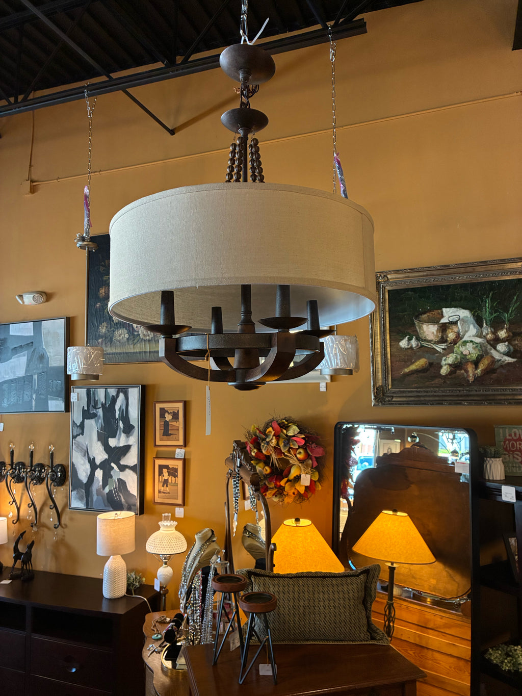 Rustic 4-Light Drum Chandelier With Wood Beads
