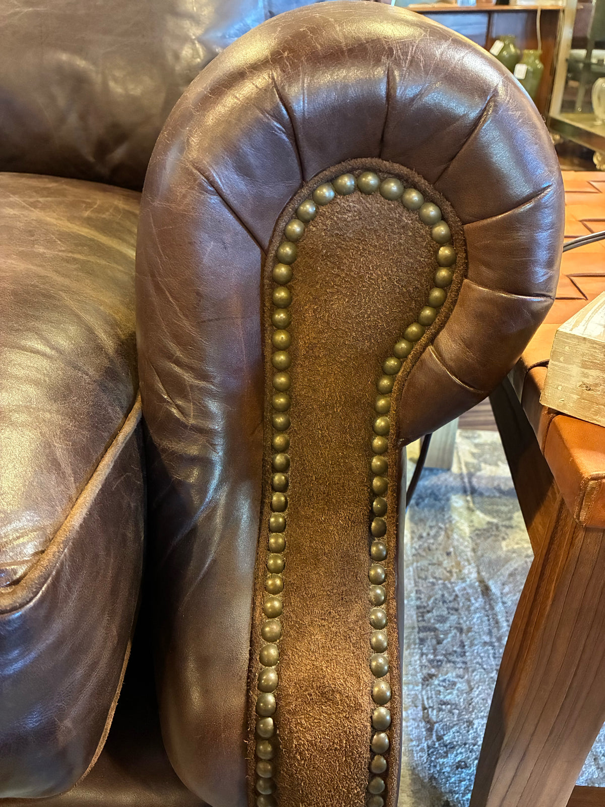 Our Home Designs Brown Leather Sofa with Suede & Nailhead Trim