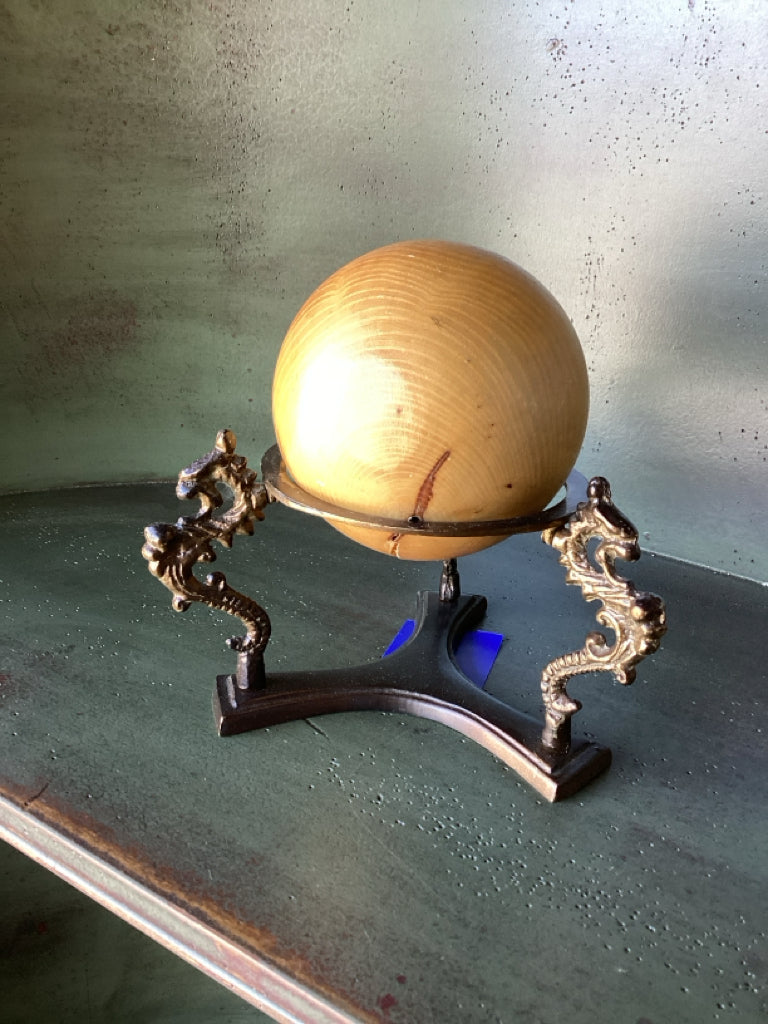 Ornament|Wood Sphere on Ornate Metal Stand