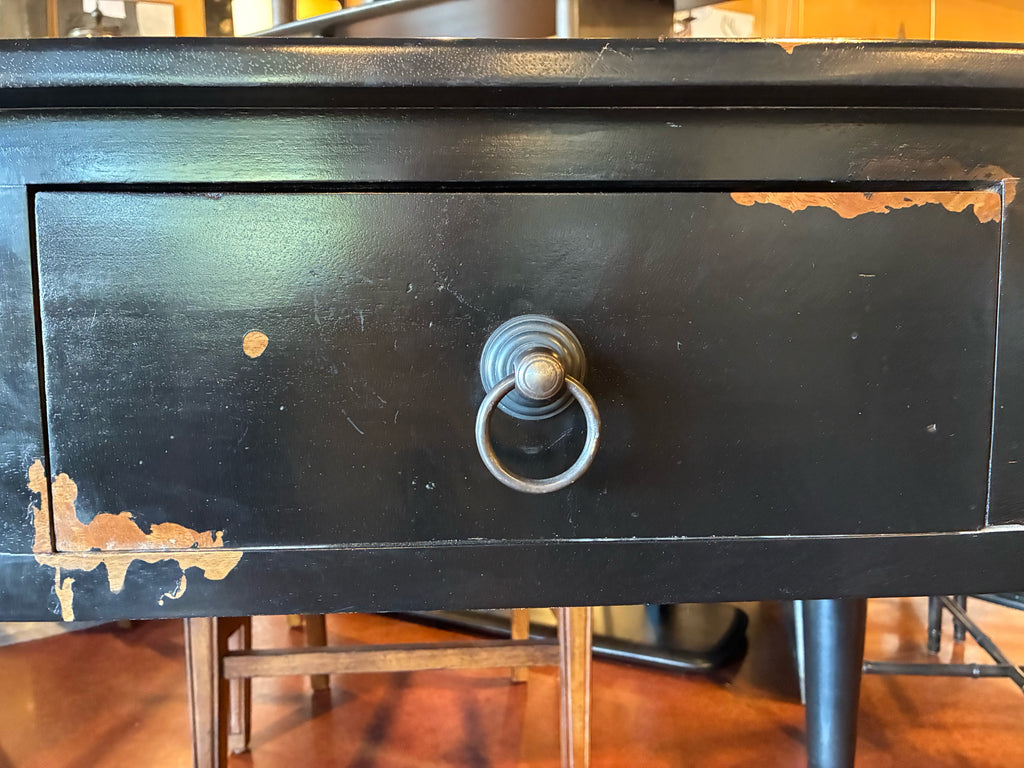 Distressed Black Console Table with Metal Inlay Top