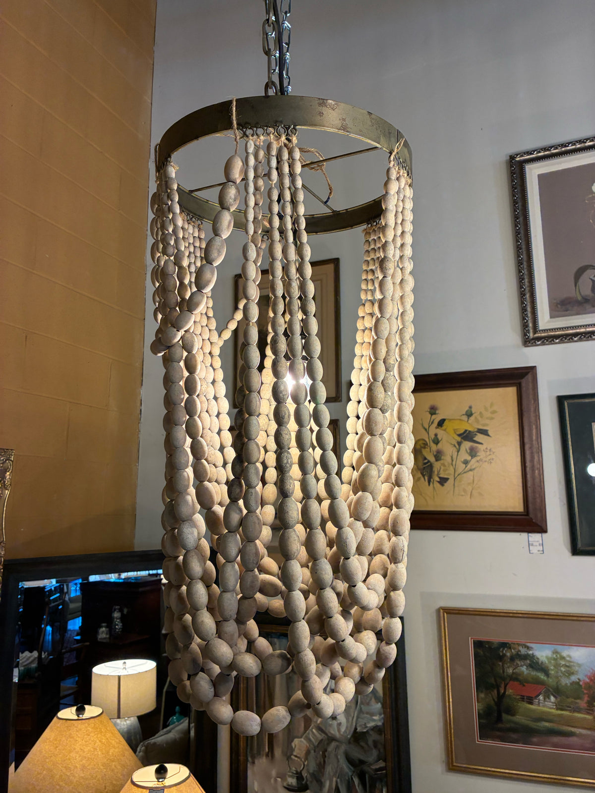 Draped Natural Wood Bead Chandelier
