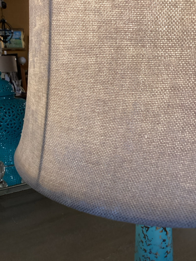 Distressed Turquoise Column Lamp with Crushed Velvet Shade