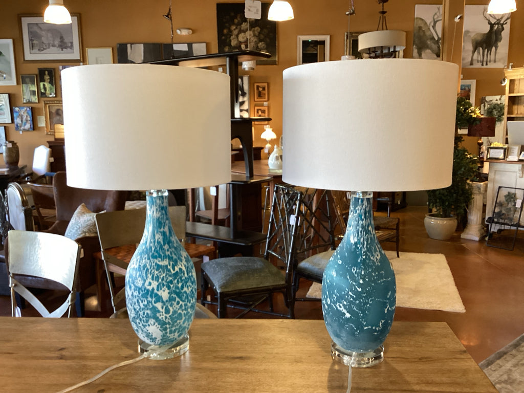 Pair of LumiSource Teal & White Marbled Glass Table Lamps