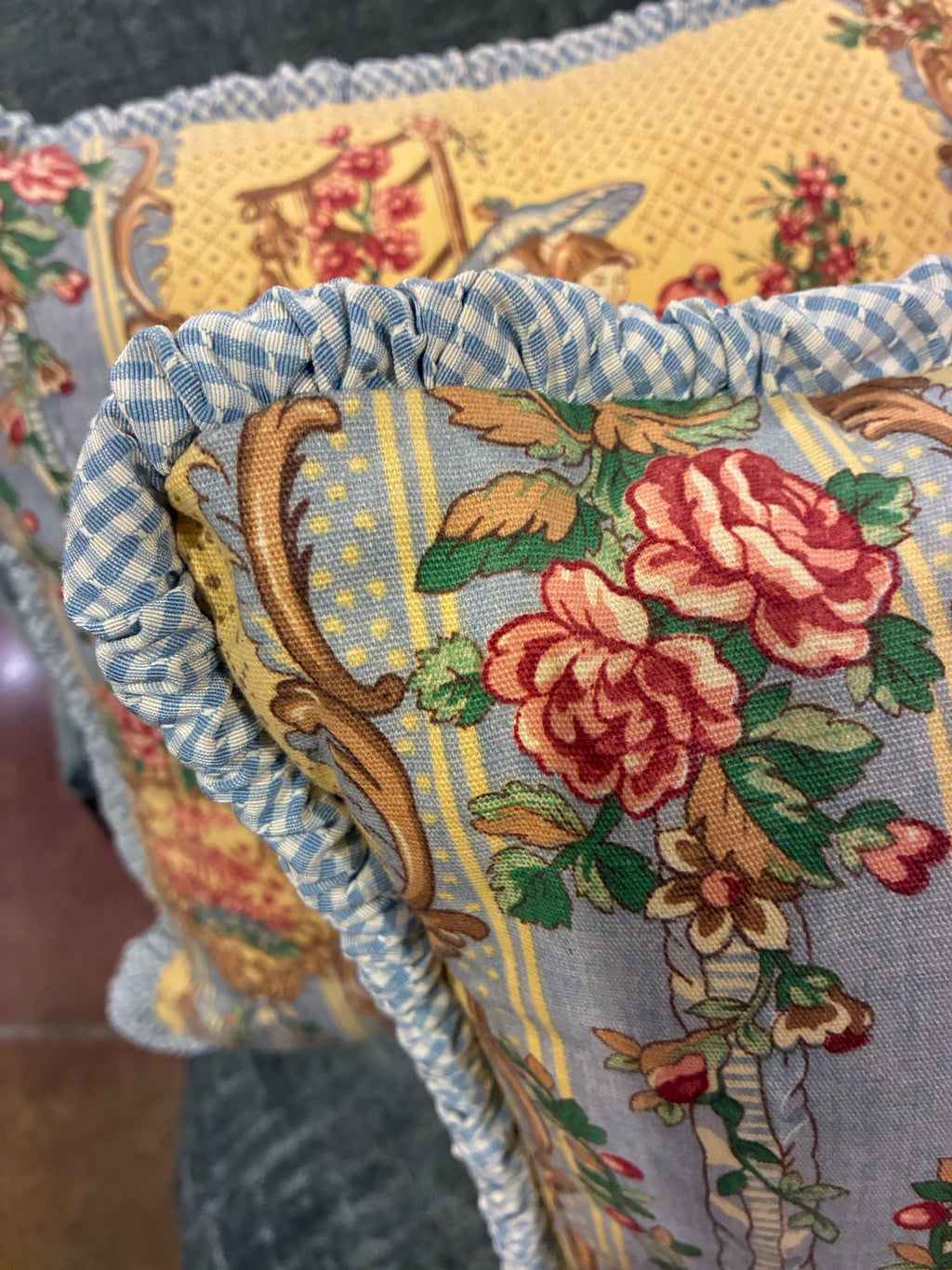 CHINOISERIE FLORAL PILLOWS WITH GINGHAM RUFFLE — PAIR