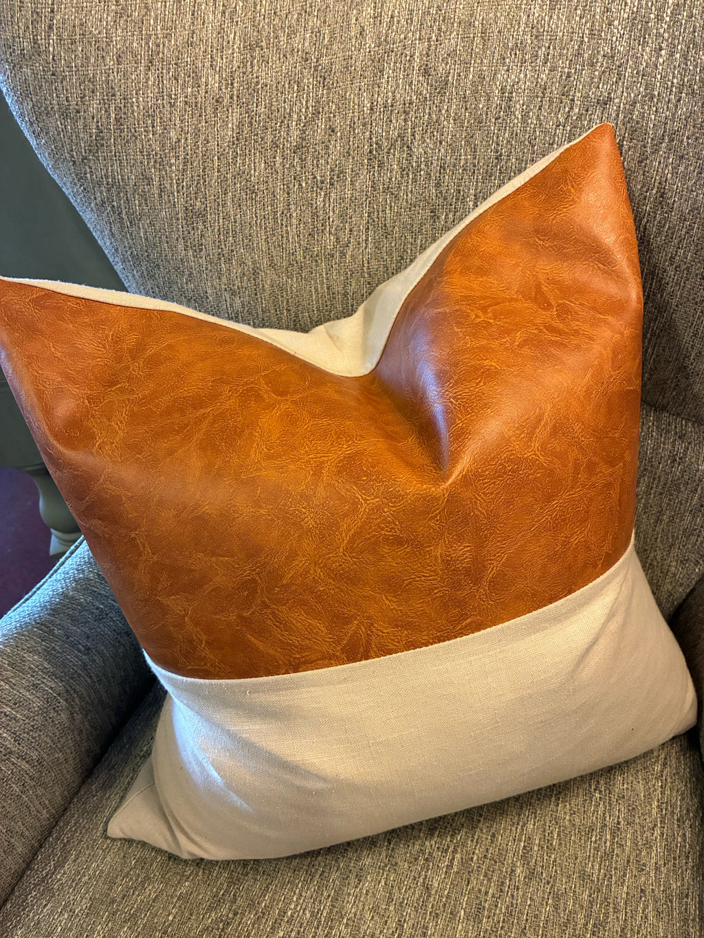 Ivory Linen & Cognac Leather Accent Pillow