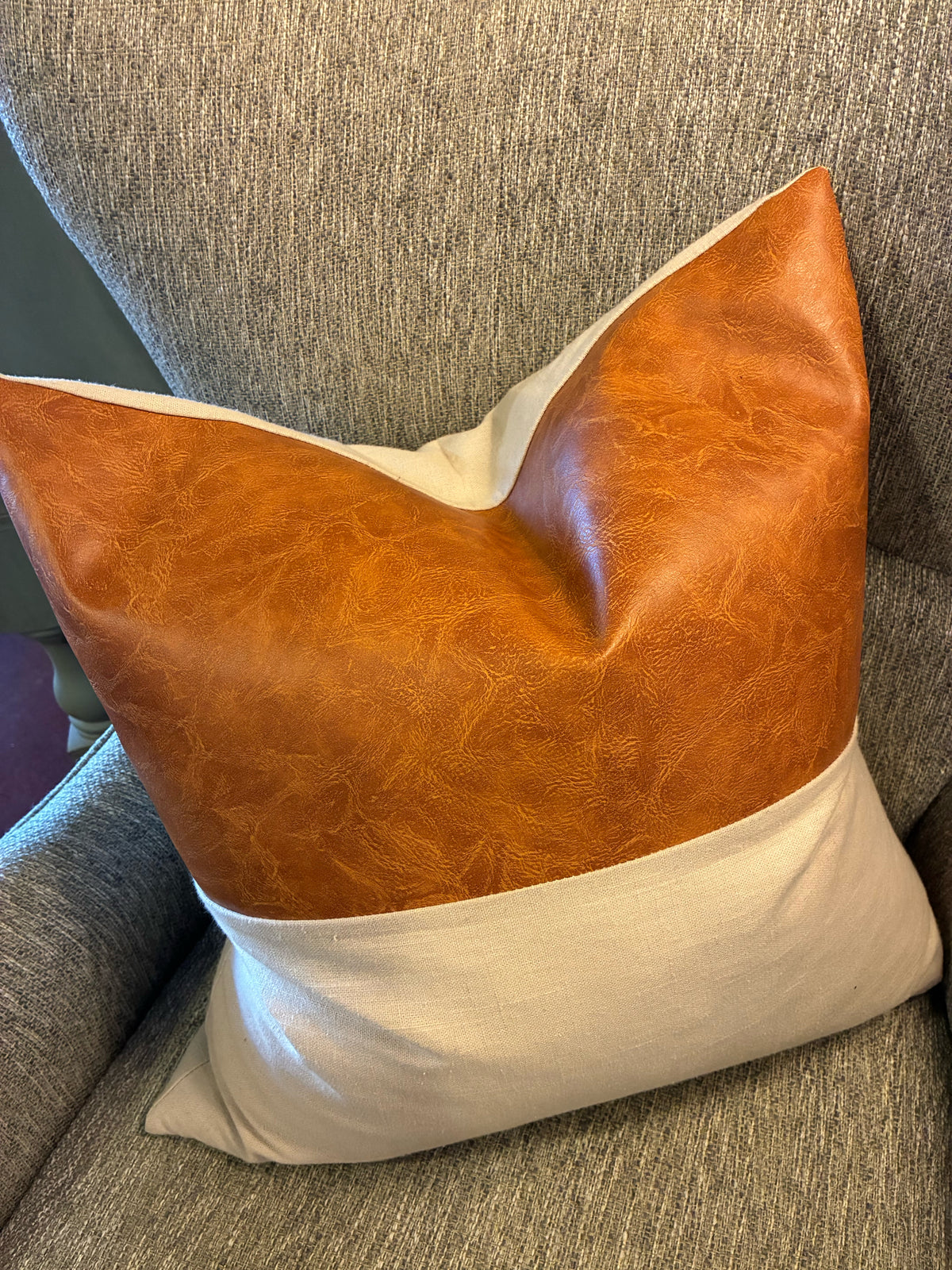 Ivory Linen & Cognac Leather Accent Pillow