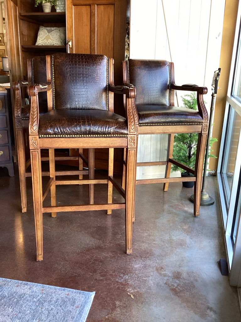 Set of 3 Crocodile-Embossed Leather Barstools