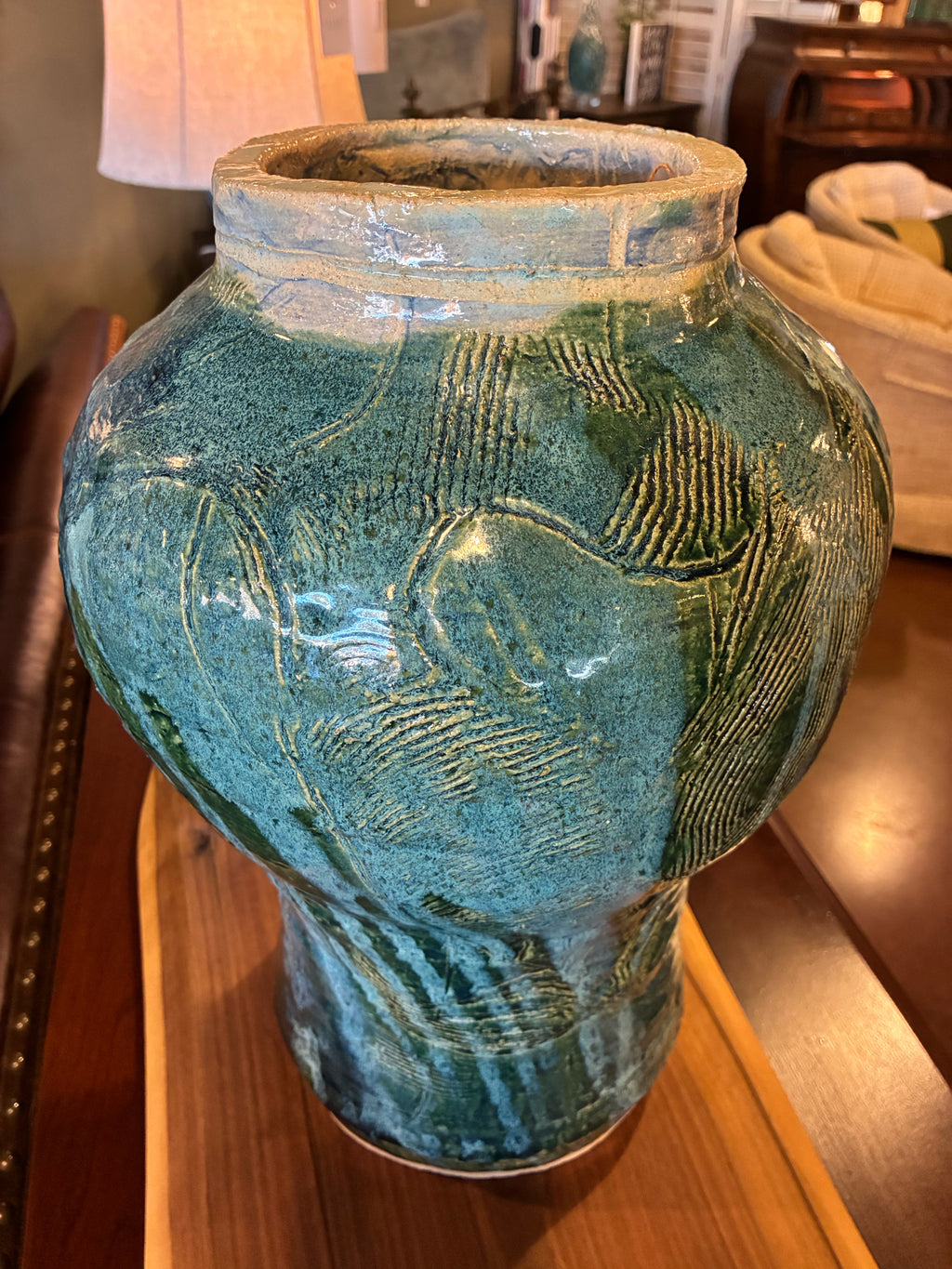 Large Handcrafted Green Glazed Ceramic Vase
