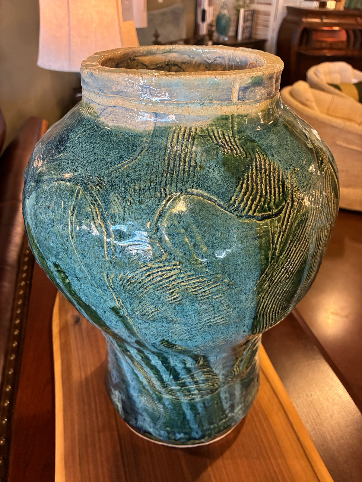 Large Handcrafted Green Glazed Ceramic Vase