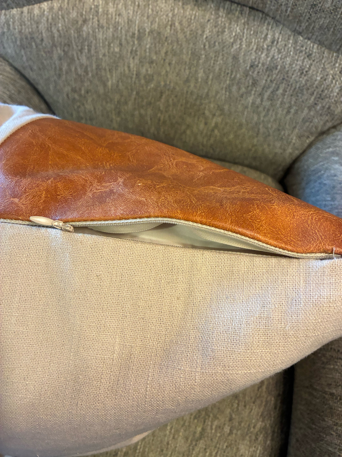 Ivory Linen & Cognac Leather Accent Pillow