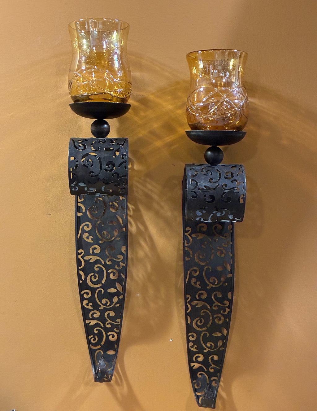 Ornate Metal & Amber Glass Wall Sconces — PAIR