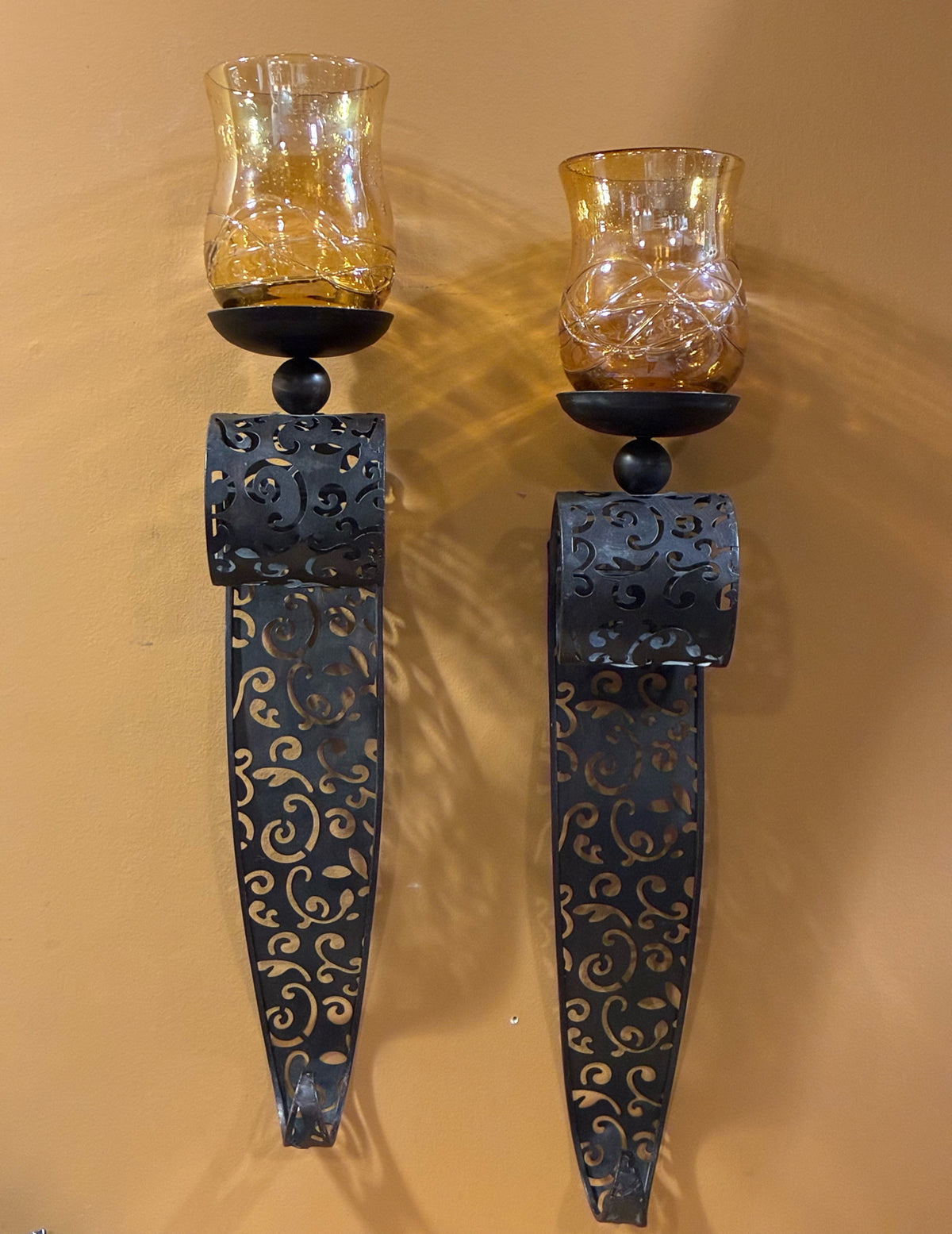 Ornate Metal & Amber Glass Wall Sconces — PAIR