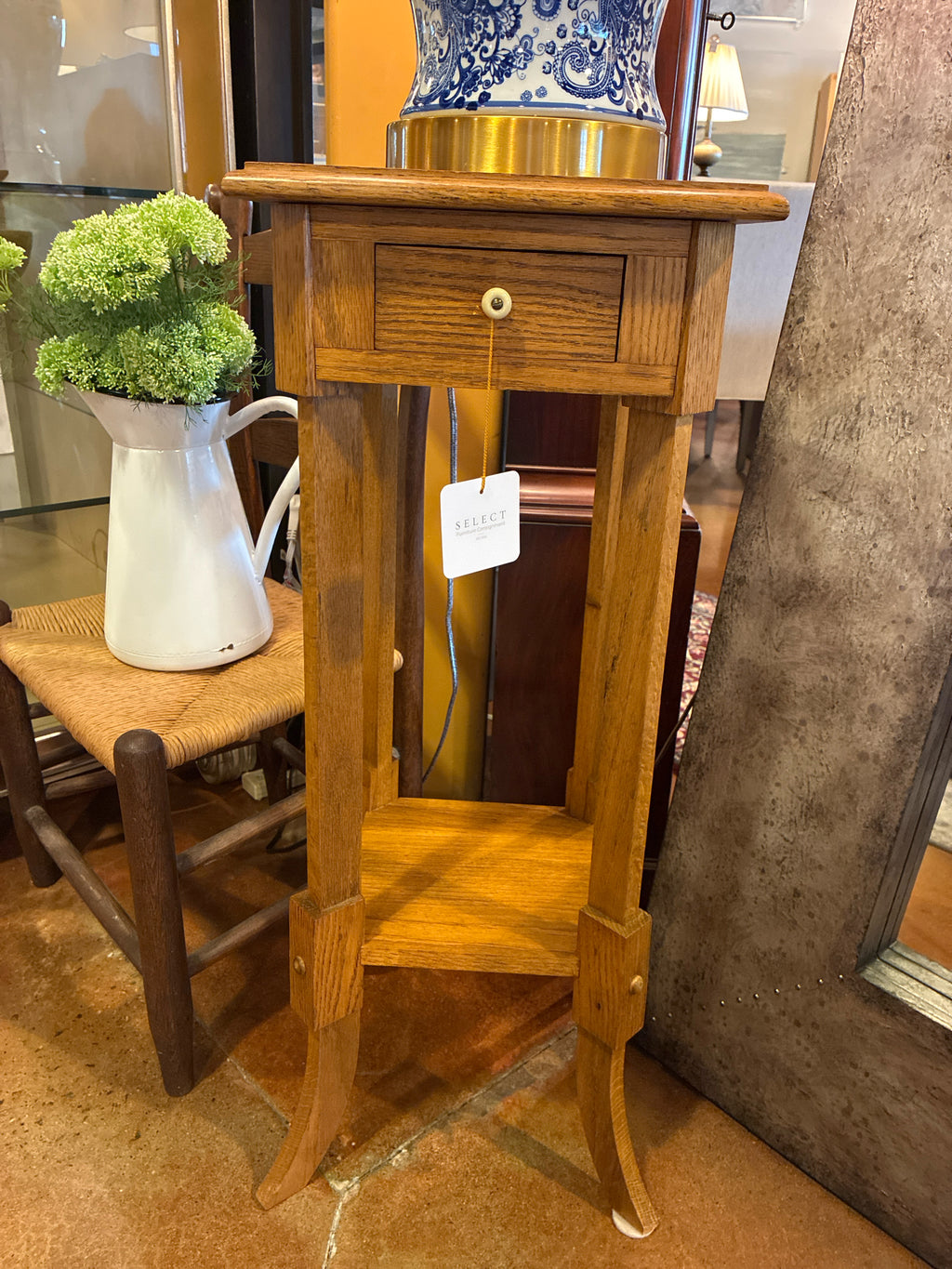 Arts and Crafts Oak Plant Stand with drawer