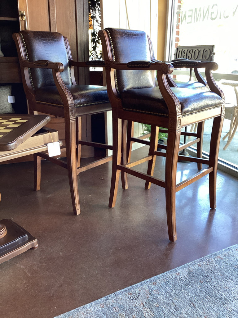 Set of 3 Crocodile-Embossed Leather Barstools