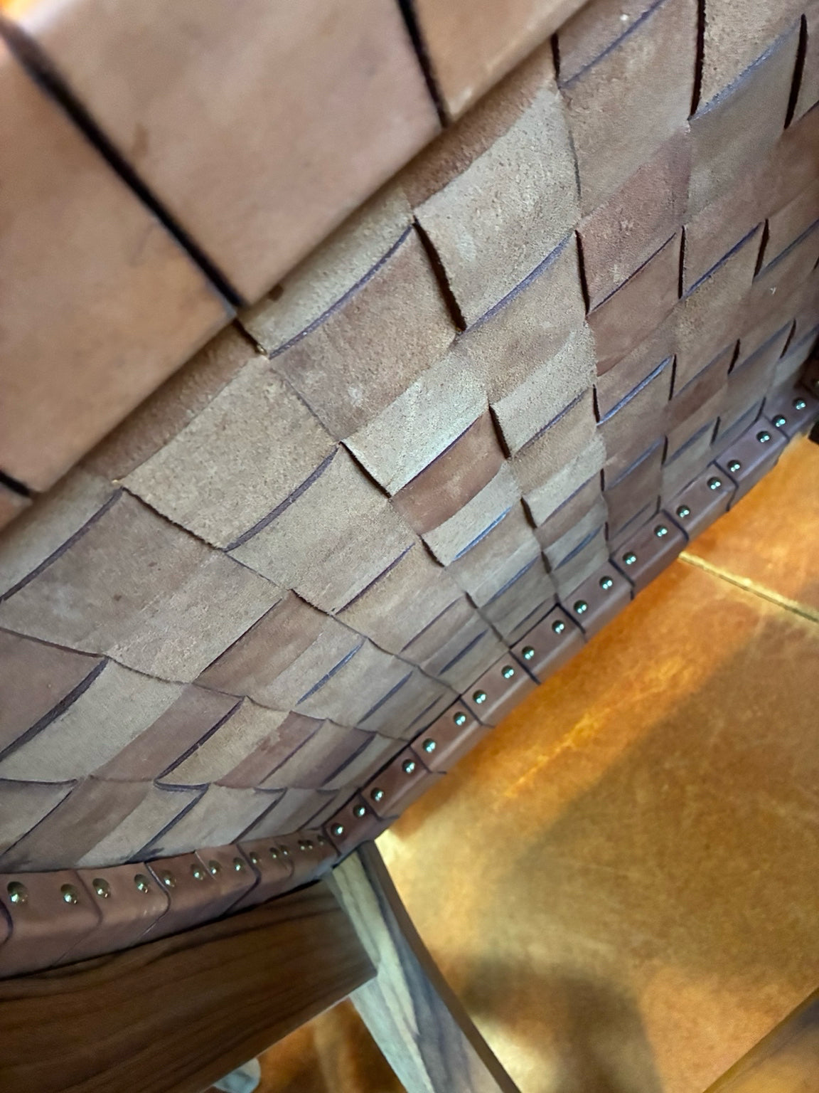 Woven Leather & Wood Ottoman