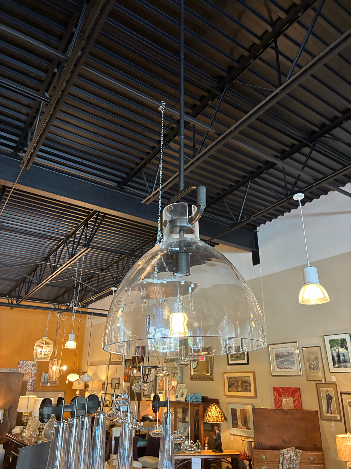 Large Clear Glass Dome Pendant Lights - Pair