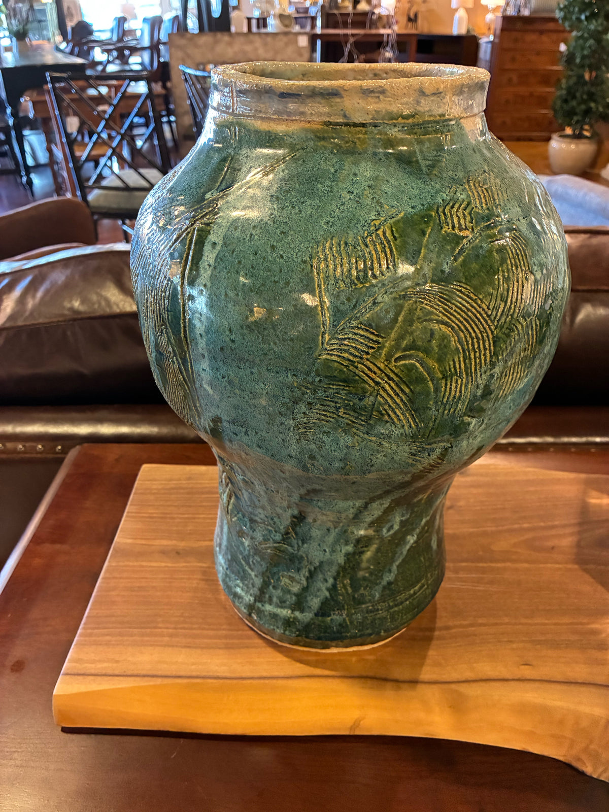 Large Handcrafted Green Glazed Ceramic Vase