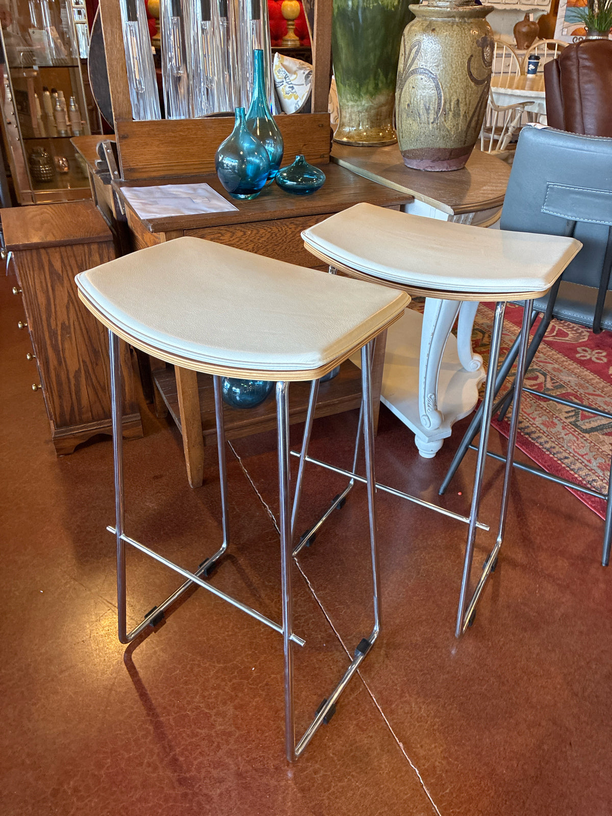 SET OF 2 Wood Top Bar Stools w/White Leather Cover