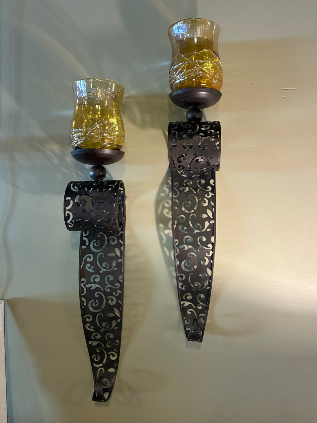 Ornate Metal & Amber Glass Wall Sconces — PAIR