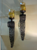 Ornate Metal & Amber Glass Wall Sconces — PAIR