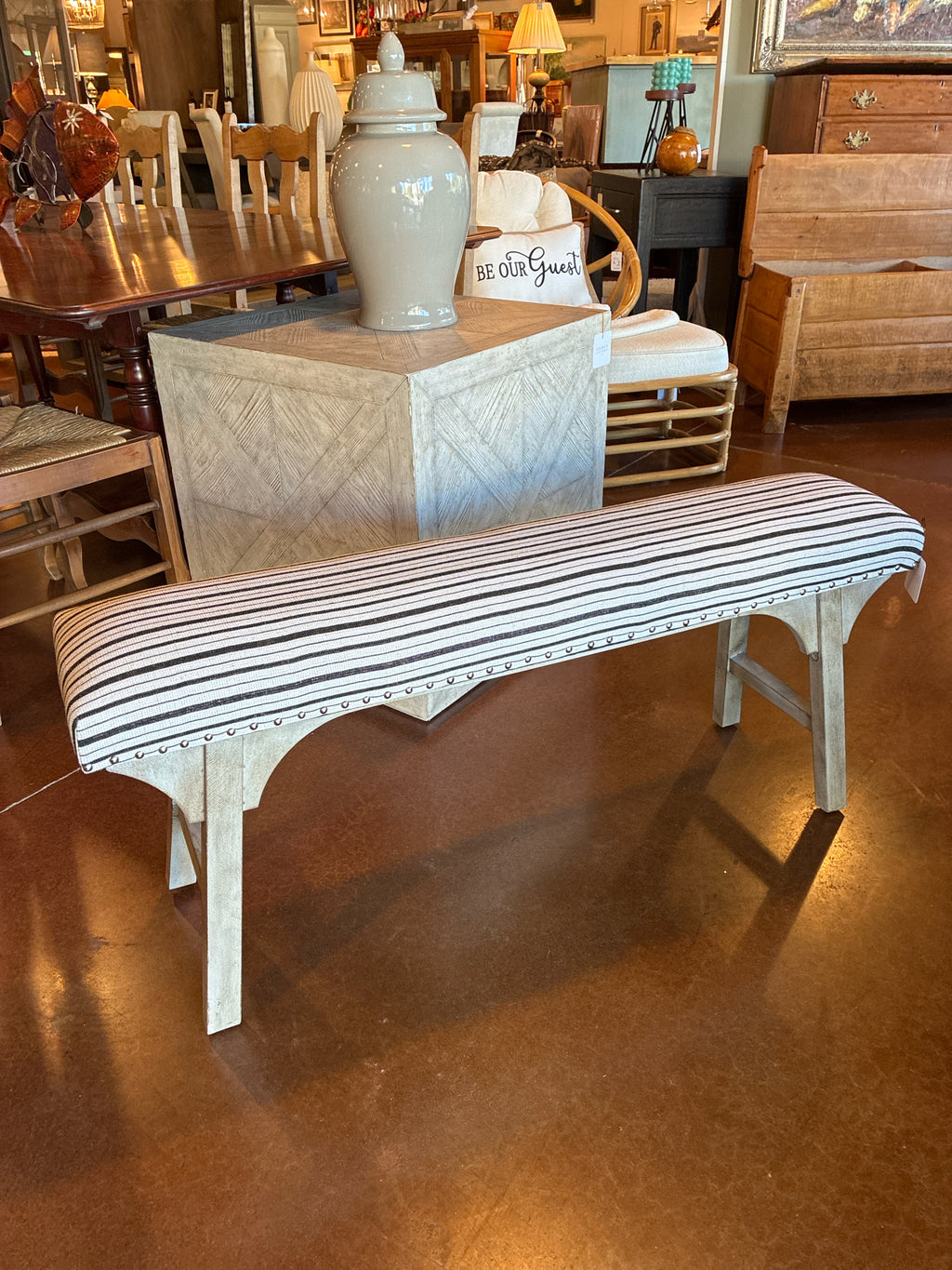 Black & White Striped Upholstered Bench