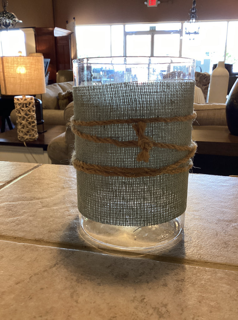 Candle Holder|Coastal Glass & Woven Rope Candle Holder 5.5 H x 3" D