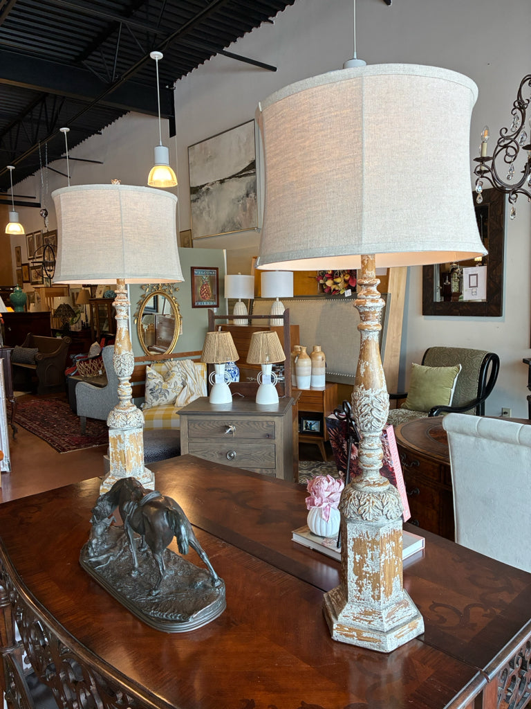 PAIR of Distressed Acanthus Statement Table Lamp