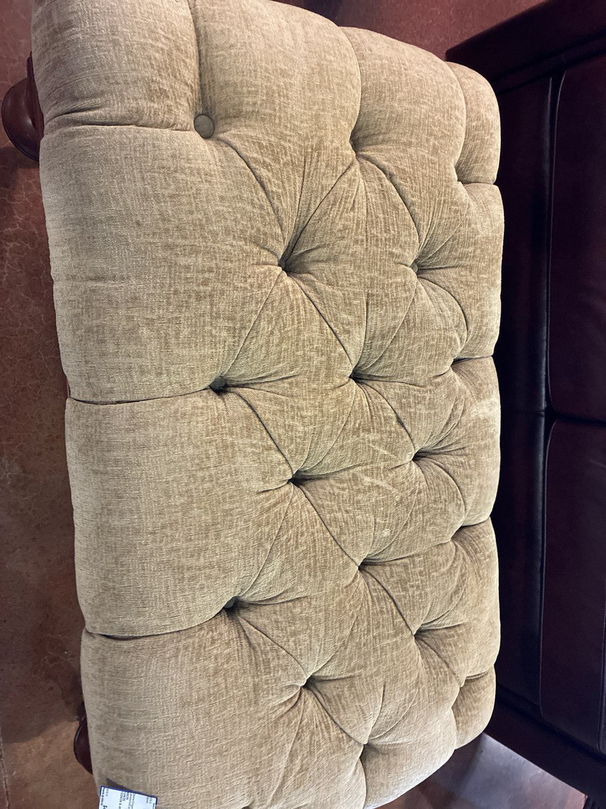 Ottoman|Elegant|Tufted Upholstered|Carved wood apron, turned legs, casters