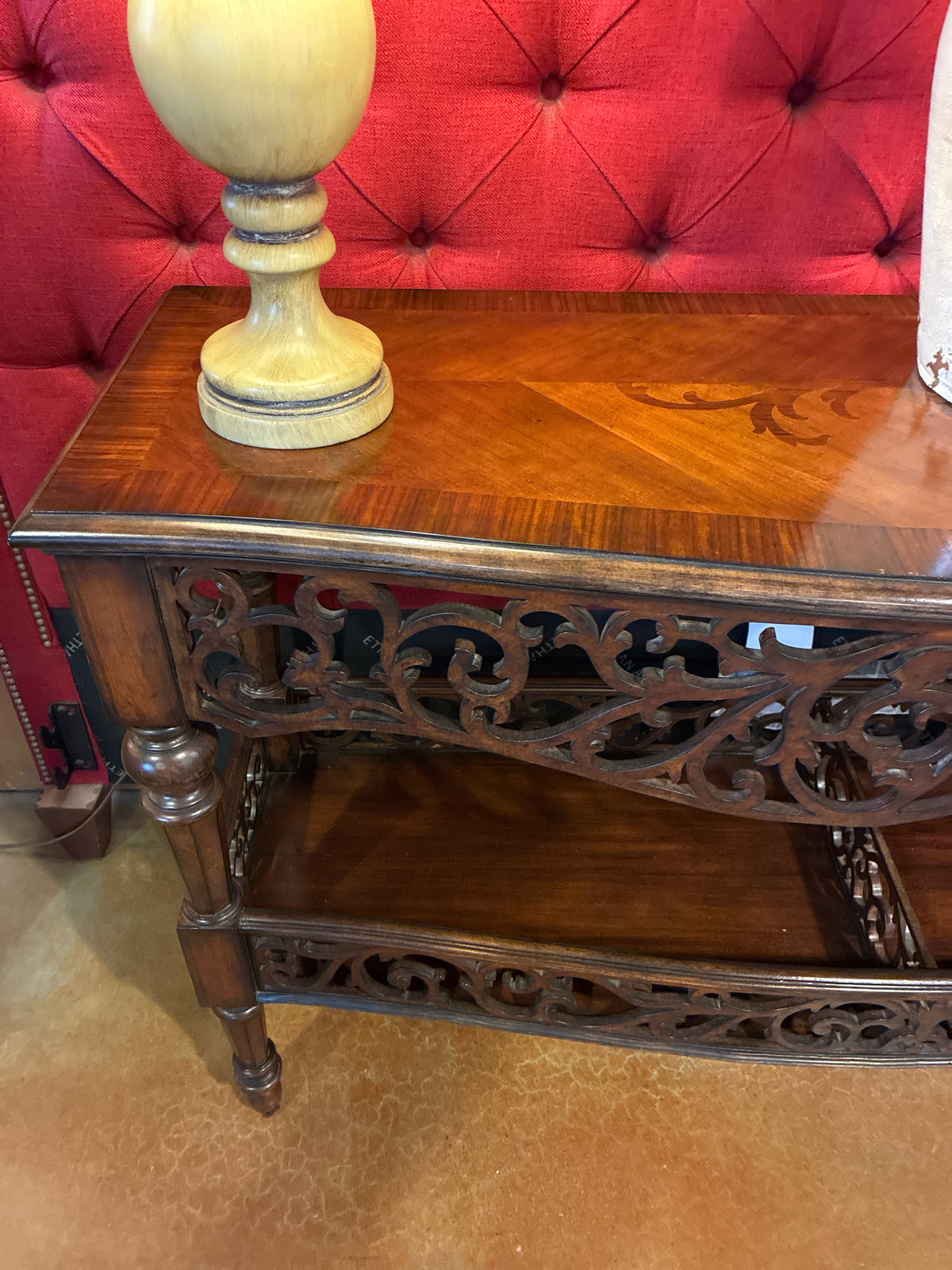 Table|56Wx18Dx34.5H|Carved Wood Console w/intricate Openwork Carving