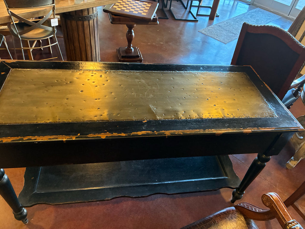 Distressed Black Console Table with Metal Inlay Top