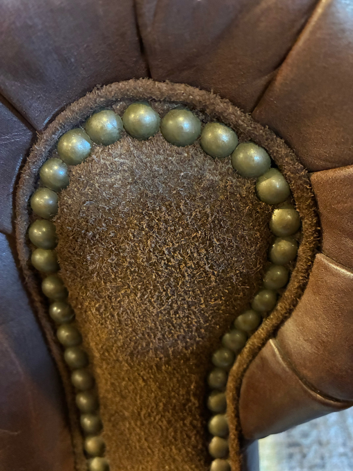 Our Home Designs Brown Leather Sofa with Suede & Nailhead Trim