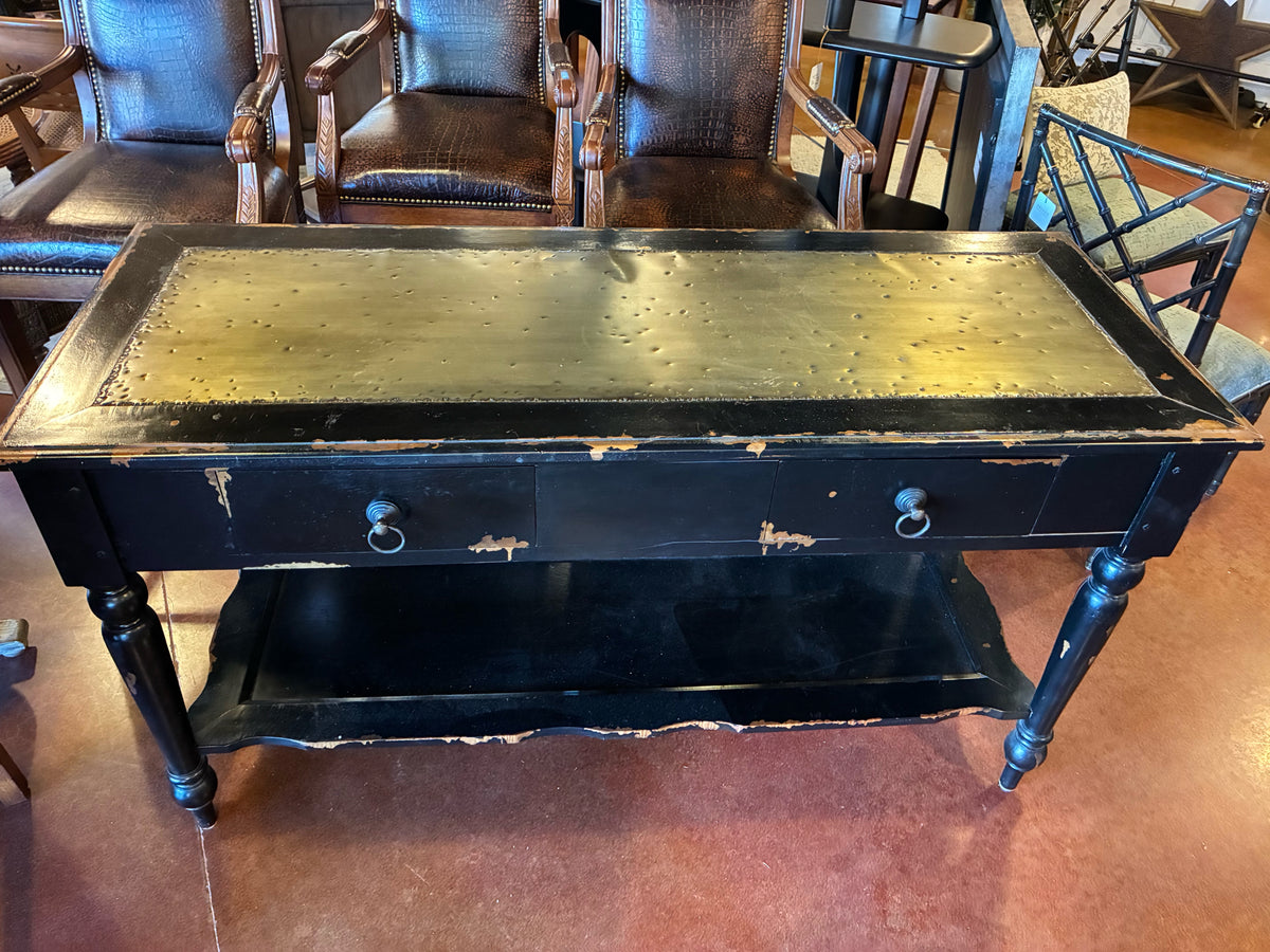 Distressed Black Console Table with Metal Inlay Top