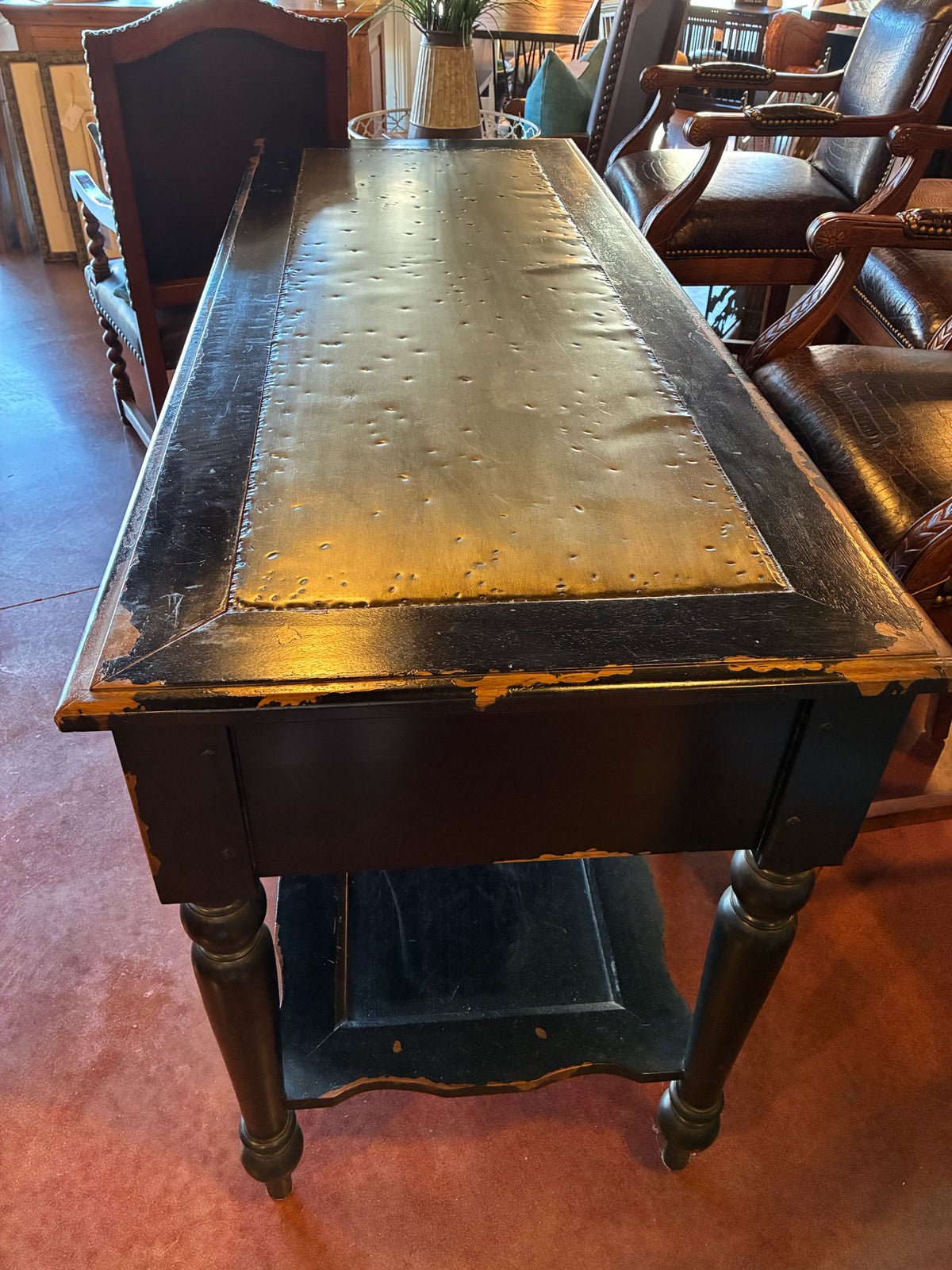Distressed Black Console Table with Metal Inlay Top